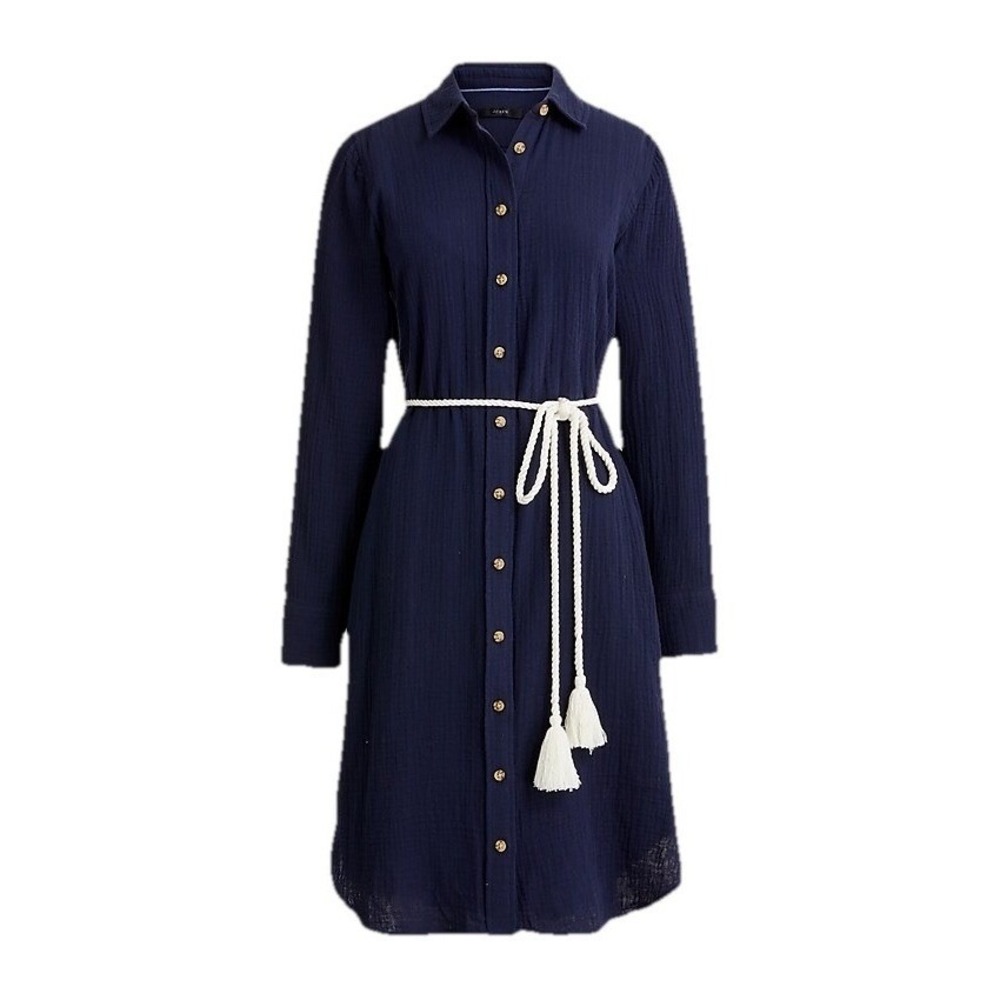 J. Crew Gauze Shirt Dress Tassel‎ Belt Long Sleeve Casual Blue Size 10